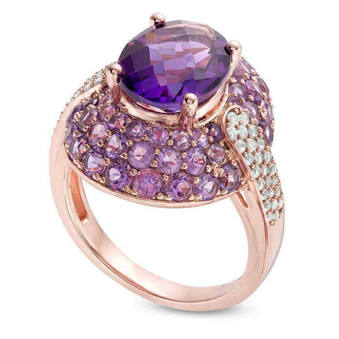 Oval Amethyst and LabCreated White Sapphire Frame ArrowSides Ring in Sterling Silver with Solid 14K Rose Gold Plate Goldia Rings Oval Amethyst and LabCreated White Sapphire Frame ArrowSides Ring in Sterling Silver with Solid 14K Rose Gold Plate Goldia Rings
