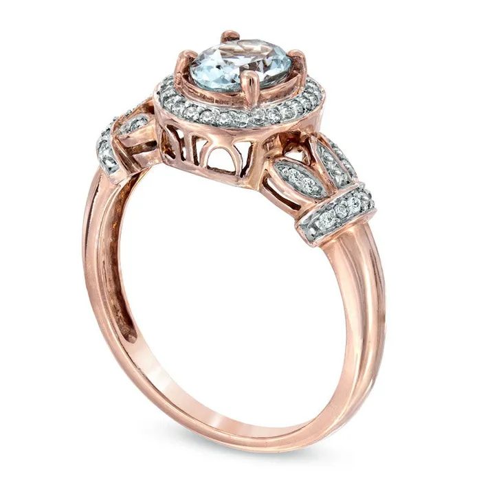 Oval Aquamarine and 017 CT TW Natural Diamond Frame Vine Ring in Solid 10K Rose Gold Goldia Rings Oval Aquamarine and 017 CT TW Natural Diamond Frame Vine Ring in Solid 10K Rose Gold Goldia Rings