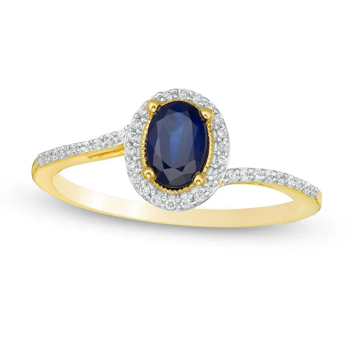 Oval Blue Sapphire and 013 CT TW Natural Diamond Frame Bypass Ring in Solid 10K Yellow Gold Goldia Rings Oval Blue Sapphire and 013 CT TW Natural Diamond Frame Bypass Ring in Solid 10K Yellow Gold Goldia Rings