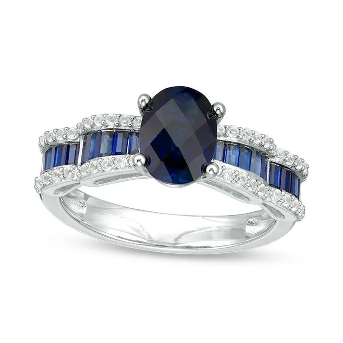 Oval LabCreated Blue and White Sapphire Bow Shank Ring in Sterling Silver Goldia Rings Oval LabCreated Blue and White Sapphire Bow Shank Ring in Sterling Silver Goldia Rings