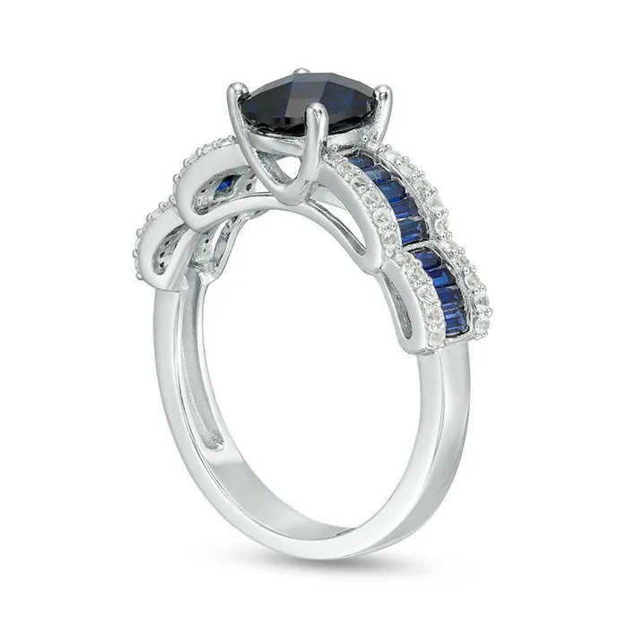 Oval LabCreated Blue and White Sapphire Bow Shank Ring in Sterling Silver Goldia Rings Oval LabCreated Blue and White Sapphire Bow Shank Ring in Sterling Silver Goldia Rings