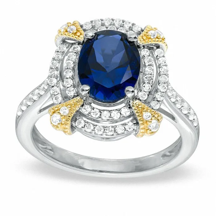 Oval LabCreated Blue and White Sapphire Ring in TwoTone Sterling Silver Goldia Rings Oval LabCreated Blue and White Sapphire Ring in TwoTone Sterling Silver Goldia Rings