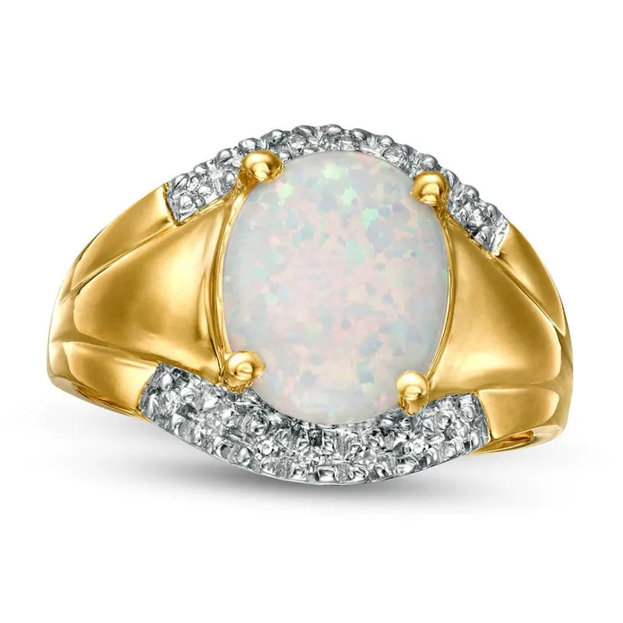 Oval LabCreated Opal and 007 CT TW Diamond Edge Signet Ring in Solid 10K Yellow Gold Goldia Rings Oval LabCreated Opal and 007 CT TW Diamond Edge Signet Ring in Solid 10K Yellow Gold Goldia Rings