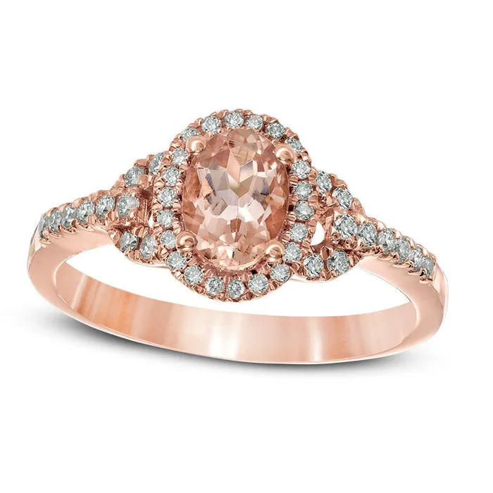 Oval Morganite and 020 CT TW Natural Diamond Frame Buckle Ring in Solid 10K Rose Gold Goldia Rings Oval Morganite and 020 CT TW Natural Diamond Frame Buckle Ring in Solid 10K Rose Gold Goldia Rings