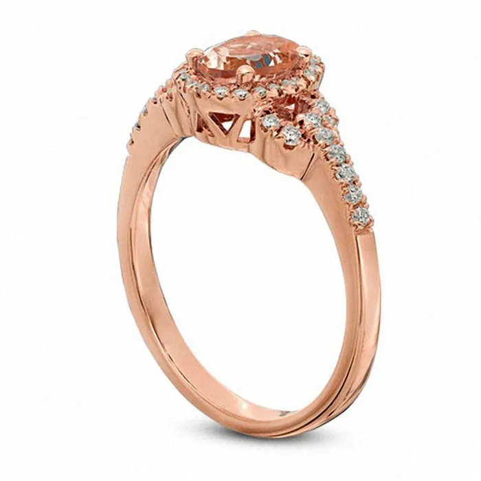 Oval Morganite and 020 CT TW Natural Diamond Frame Buckle Ring in Solid 10K Rose Gold Goldia Rings Oval Morganite and 020 CT TW Natural Diamond Frame Buckle Ring in Solid 10K Rose Gold Goldia Rings