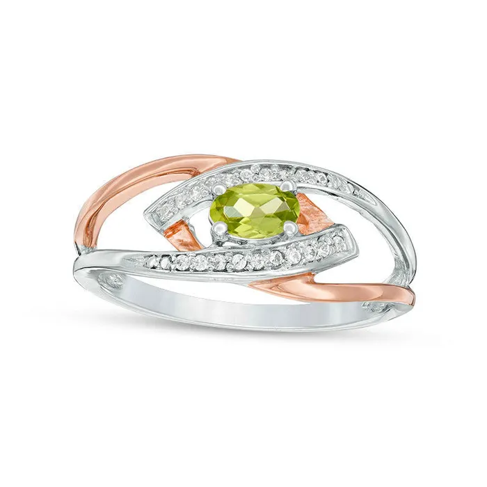 Oval Peridot and Natural Diamond Accent Split Shank Ring in Sterling Silver and Solid 10K Rose Gold Goldia Rings Oval Peridot and Natural Diamond Accent Split Shank Ring in Sterling Silver and Solid 10K Rose Gold Goldia Rings