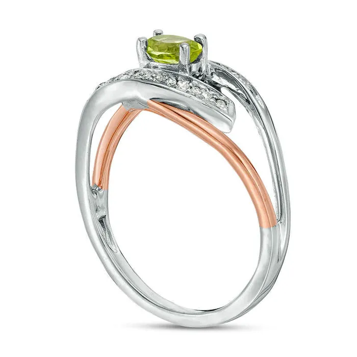 Oval Peridot and Natural Diamond Accent Split Shank Ring in Sterling Silver and Solid 10K Rose Gold Goldia Rings Oval Peridot and Natural Diamond Accent Split Shank Ring in Sterling Silver and Solid 10K Rose Gold Goldia Rings