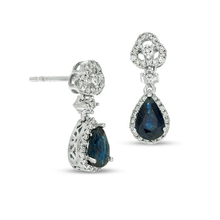 PearShaped Blue Sapphire and 02 CT TW Diamond Frame Clover Drop Earrings in 10K White Gold Goldia Earrings PearShaped Blue Sapphire and 02 CT TW Diamond Frame Clover Drop Earrings in 10K White Gold Goldia Earrings