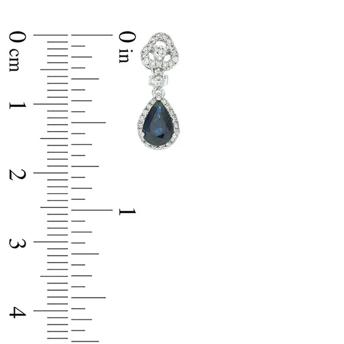 PearShaped Blue Sapphire and 02 CT TW Diamond Frame Clover Drop Earrings in 10K White Gold Goldia Earrings PearShaped Blue Sapphire and 02 CT TW Diamond Frame Clover Drop Earrings in 10K White Gold Goldia Earrings