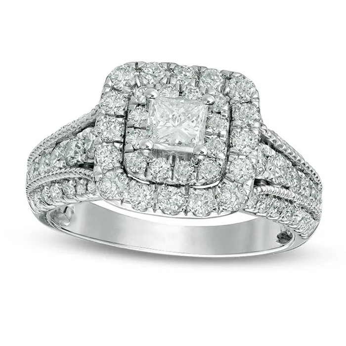 Previously Owned 15 CT TW PrincessCut Natural Diamond Double Frame Antique VintageStyle Engagement Ring in Solid 14K White Gold Goldia Rings Previously Owned 15 CT TW PrincessCut Natural Diamond Double Frame Antique VintageStyle Engagement Ring in Solid 14K White Gold Goldia Rings