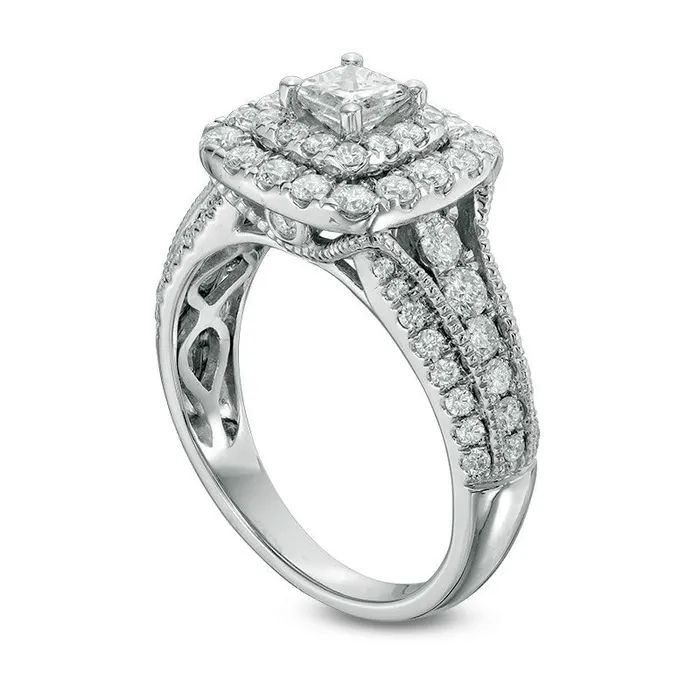 Previously Owned 15 CT TW PrincessCut Natural Diamond Double Frame Antique VintageStyle Engagement Ring in Solid 14K White Gold Goldia Rings Previously Owned 15 CT TW PrincessCut Natural Diamond Double Frame Antique VintageStyle Engagement Ring in Solid 14K White Gold Goldia Rings