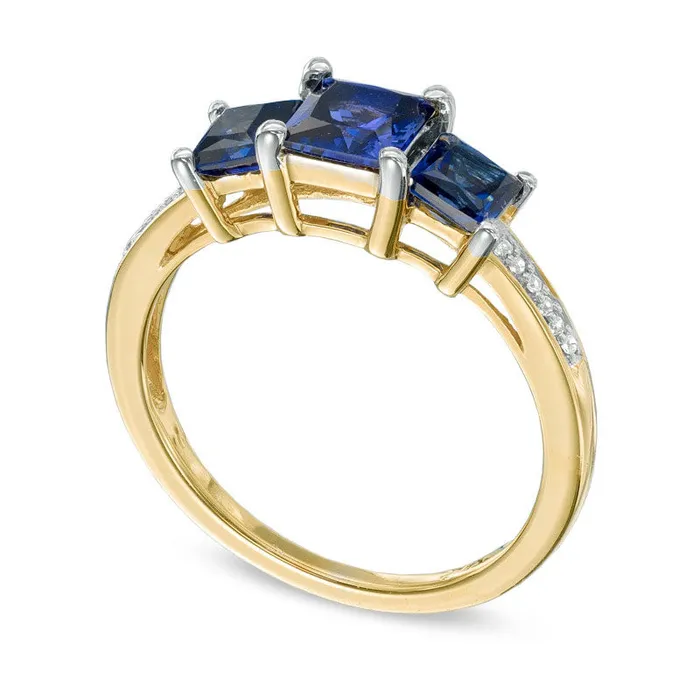 PrincessCut LabCreated Blue Sapphire and Diamond Accent Three Stone Ring in Solid 10K Yellow Gold Goldia Rings PrincessCut LabCreated Blue Sapphire and Diamond Accent Three Stone Ring in Solid 10K Yellow Gold Goldia Rings