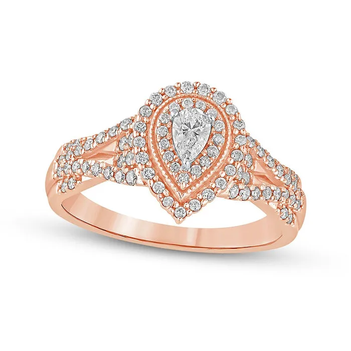 Rings 050 CT TW PearShaped Natural Diamond Frame Antique VintageStyle MultiRow Engagement Ring in Solid 10K Rose Gold Goldia Rings 050 CT TW PearShaped Natural Diamond Frame Antique VintageStyle MultiRow Engagement Ring in Solid 10K Rose Gold Goldia