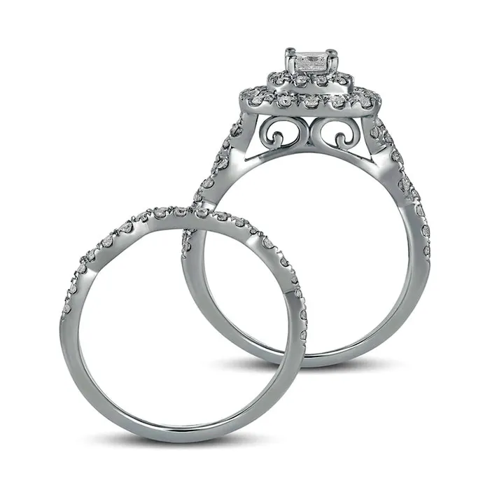 Rings 15 CT TW PrincessCut Natural Diamond Double Frame MultiRow Bridal Engagement Ring Set in Solid 10K White Gold Goldia Rings 15 CT TW PrincessCut Natural Diamond Double Frame MultiRow Bridal Engagement Ring Set in Solid 10K White Gold Goldia