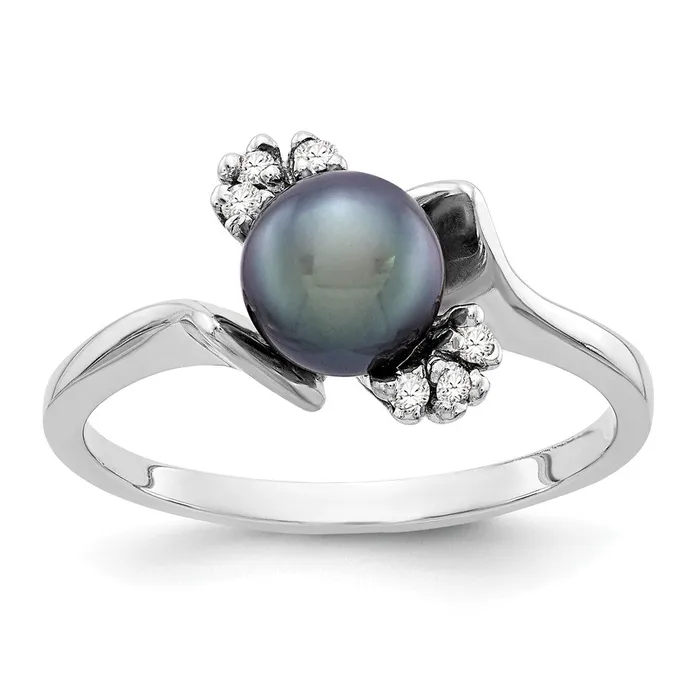 Rings 14k White Gold 6mm Black FW Cultured Pearl VS Diamond ring Goldia