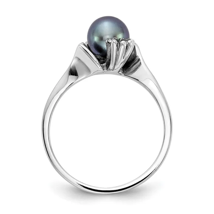 Rings 14k White Gold 6mm Black FW Cultured Pearl VS Diamond ring Goldia