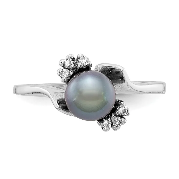 Rings 14k White Gold 6mm Black FW Cultured Pearl VS Diamond ring Goldia