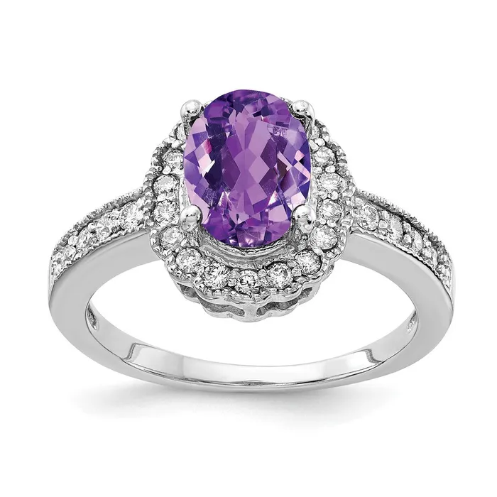 Rings 14k White Gold 8x6mm Oval Amethyst AA Diamond ring Goldia