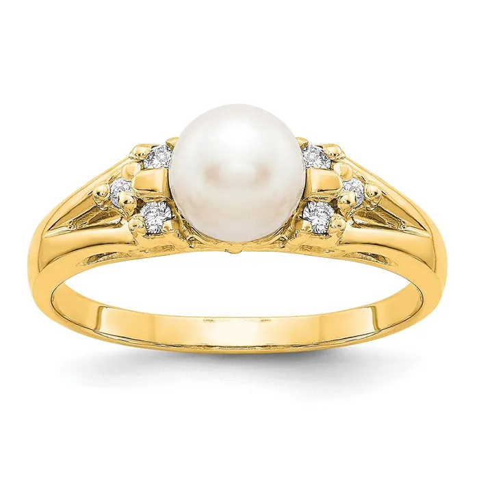 Rings 14K Yellow Gold 6mm FW Cultured Pearl A Real Diamond ring Goldia