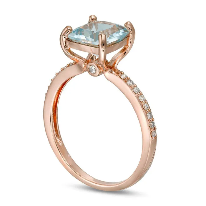 Rings 80mm CushionCut Aquamarine and 017 CT TW Natural Diamond Ring in Solid 14K Rose Gold Size 7 Goldia Rings 80mm CushionCut Aquamarine and 017 CT TW Natural Diamond Ring in Solid 14K Rose Gold Size 7 Goldia