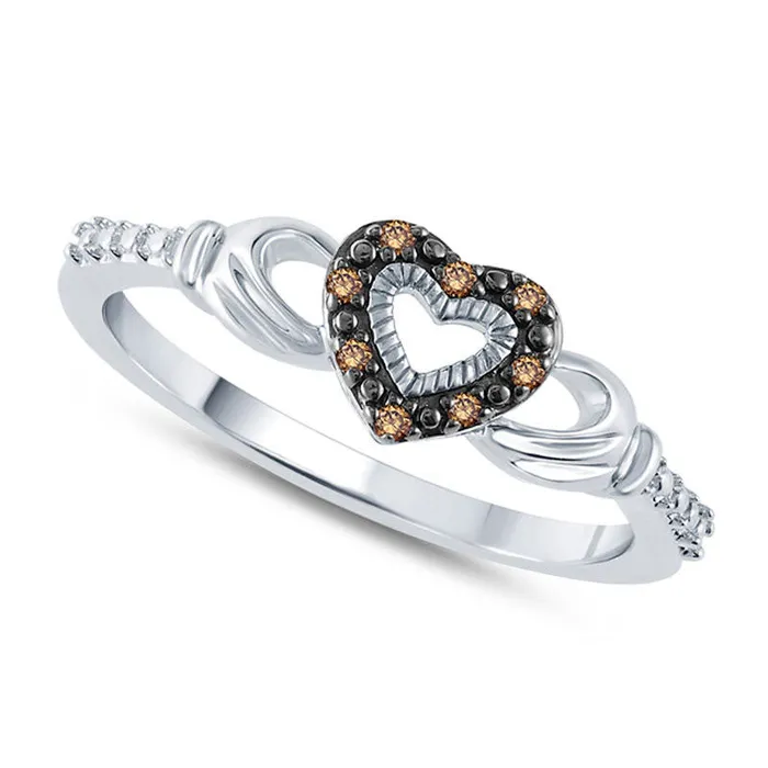 Rings Champagne Natural Diamond Accent Claddagh Ring in Solid 10K White Gold Goldia Rings Champagne Natural Diamond Accent Claddagh Ring in Solid 10K White Gold Goldia