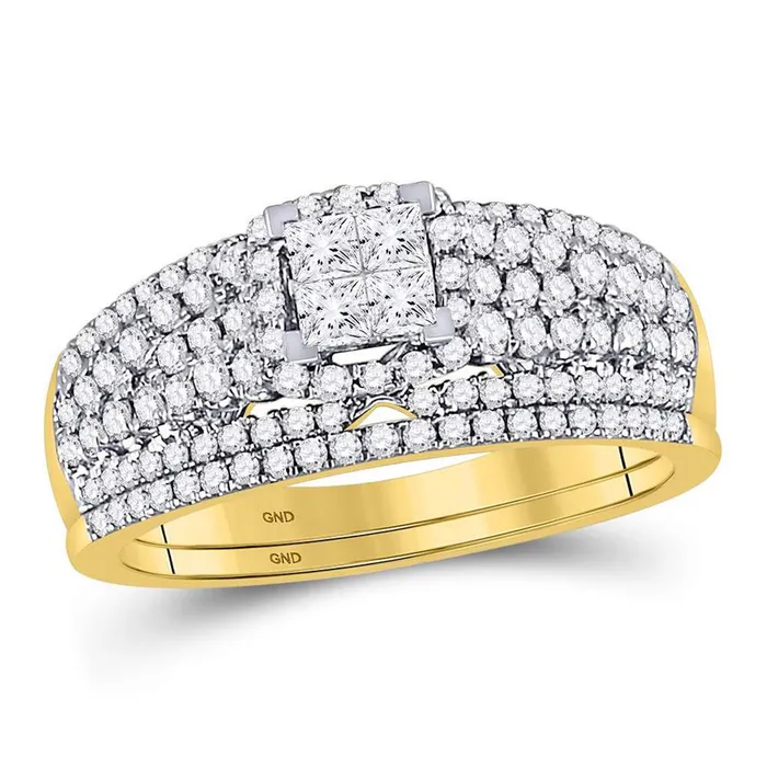 Rings gndatlanta 14k Yellow Gold Princess Diamond Cluster Bridal Wedding Ring Set 1 Cttw