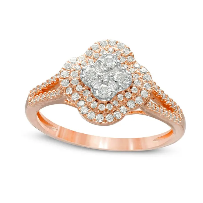 Rings Goldia 050 CT TW Natural Diamond Composite Double Clover Frame Split Shank Ring in Solid 10K Rose Gold Rings Goldia 050 CT TW Natural Diamond Composite Double Clover Frame Split Shank Ring in Solid 10K Rose Gold