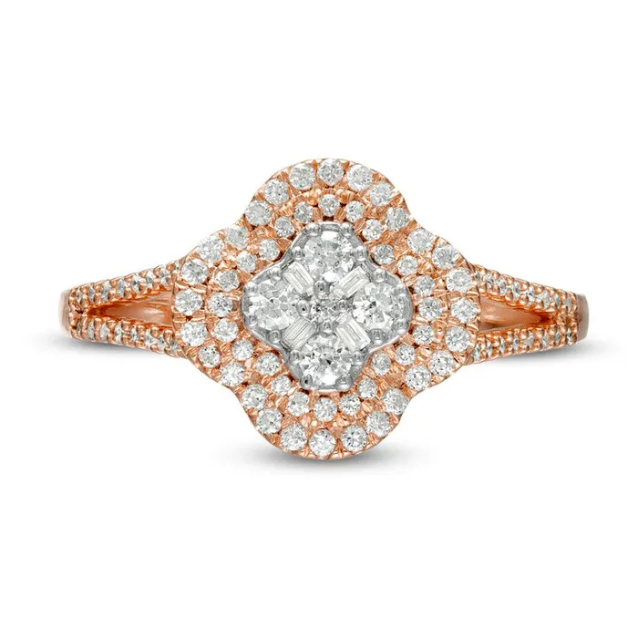 Rings Goldia 050 CT TW Natural Diamond Composite Double Clover Frame Split Shank Ring in Solid 10K Rose Gold Rings Goldia 050 CT TW Natural Diamond Composite Double Clover Frame Split Shank Ring in Solid 10K Rose Gold