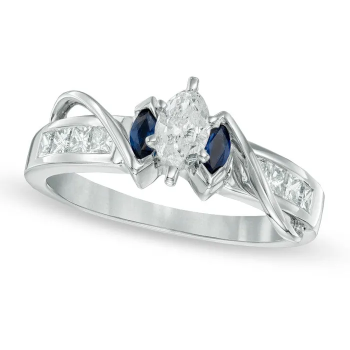 Rings Goldia 063 CT TW Marquise Natural Diamond and Blue Sapphire Three Stone Ring in Solid 14K White Gold Rings Goldia 063 CT TW Marquise Natural Diamond and Blue Sapphire Three Stone Ring in Solid 14K White Gold