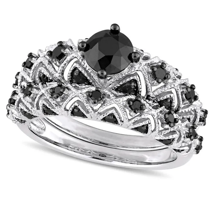 Rings Goldia 125 CT TW Enhanced Black Natural Diamond ZigZag Antique VintageStyle Bridal Engagement Ring Set in Solid 10K White Gold Rings Goldia 125 CT TW Enhanced Black Natural Diamond ZigZag Antique VintageStyle Bridal Engagement Ring Set in Solid 10K White Gold