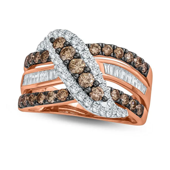 Rings Goldia 15 CT TW Champagne and White Natural Diamond Five Stone Crossover Ring in Solid 10K Rose Gold Rings Goldia 15 CT TW Champagne and White Natural Diamond Five Stone Crossover Ring in Solid 10K Rose Gold