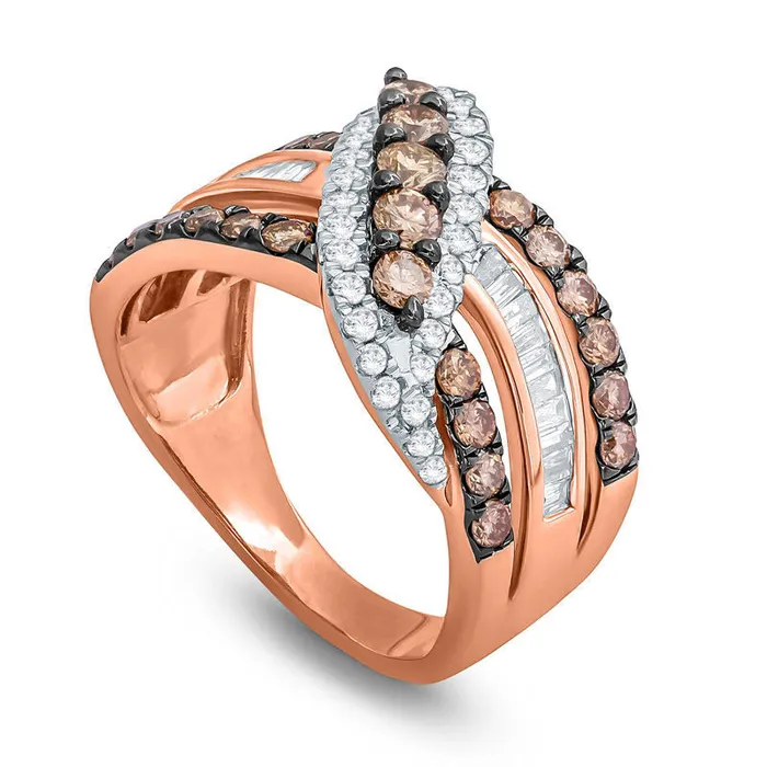 Rings Goldia 15 CT TW Champagne and White Natural Diamond Five Stone Crossover Ring in Solid 10K Rose Gold Rings Goldia 15 CT TW Champagne and White Natural Diamond Five Stone Crossover Ring in Solid 10K Rose Gold