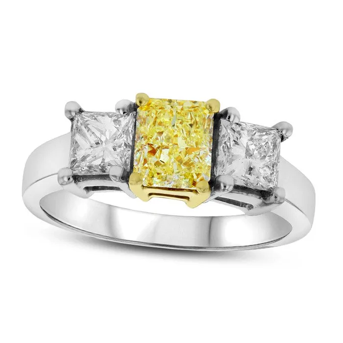 Rings Goldia 288 CT TW Fancy Yellow and White RadiantCut Natural Diamond Three Stone Ring in Solid 18K TwoTone Gold SI2