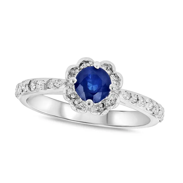 Rings Goldia 50mm Blue Sapphire and 025 CT TW Natural Diamond Scallop Frame Ring in Solid 14K White Gold Rings Goldia 50mm Blue Sapphire and 025 CT TW Natural Diamond Scallop Frame Ring in Solid 14K White Gold