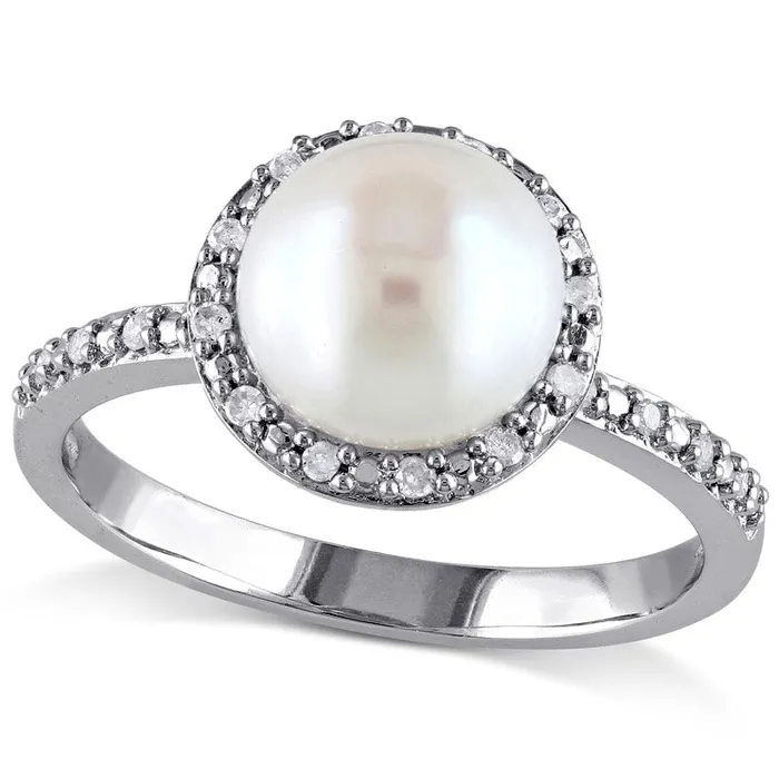 Rings Goldia 80 85mm Cultured Freshwater Pearl and 010 CT TW Natural Diamond Frame Ring in Sterling Silver Rings Goldia 80 85mm Cultured Freshwater Pearl and 010 CT TW Natural Diamond Frame Ring in Sterling Silver