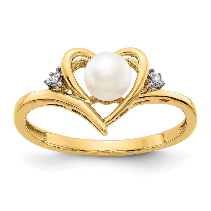 Rings Goldiacom 14K Yellow Gold FW Cultured Pearl and Real Diamond Heart Ring