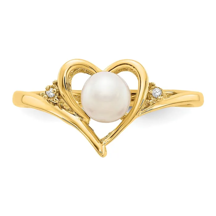 Rings Goldiacom 14K Yellow Gold FW Cultured Pearl and Real Diamond Heart Ring