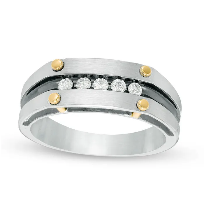 Rings Goldia Mens 025 CT TW Natural Diamond Five Stone Brushed Wedding Band in Solid 10K TwoTone Gold Rings Goldia Mens 025 CT TW Natural Diamond Five Stone Brushed Wedding Band in Solid 10K TwoTone Gold