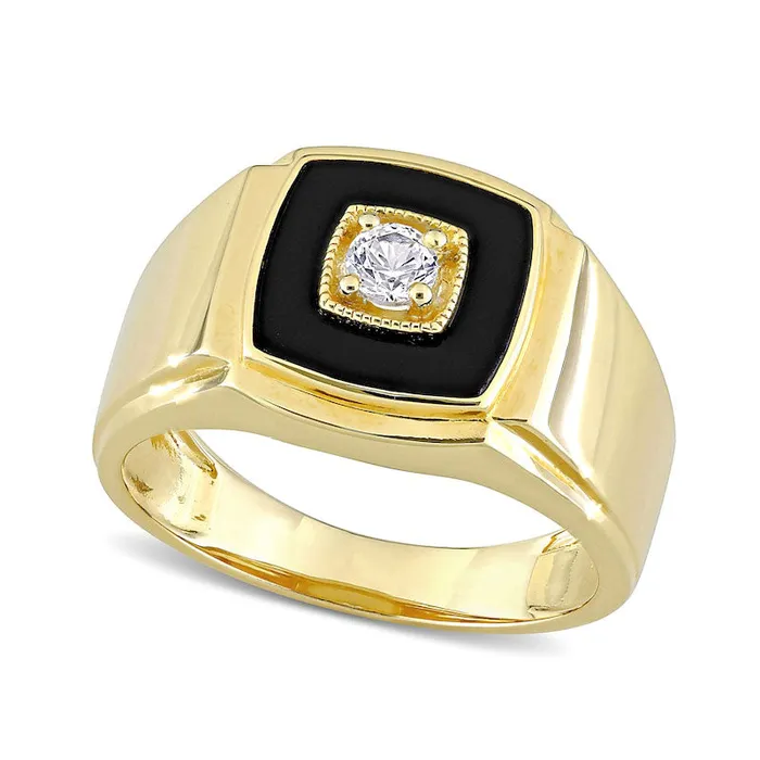 Rings Goldia Mens 100mm CushionCut Onyx and LabCreated White Sapphire Stepped Edge Ring in Sterling Silver with Yellow Rhodium Rings Goldia Mens 100mm CushionCut Onyx and LabCreated White Sapphire Stepped Edge Ring in Sterling Silver with Yellow Rhodium