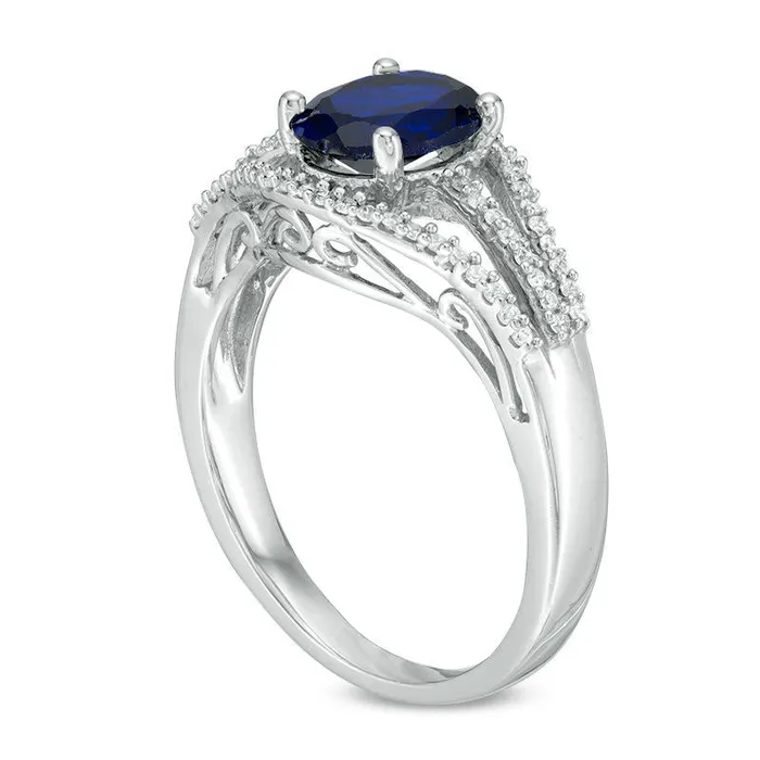 Rings Goldia Oval LabCreated Blue Sapphire and 020 CT TW Diamond Split Shank Ring in Sterling Silver Rings Goldia Oval LabCreated Blue Sapphire and 020 CT TW Diamond Split Shank Ring in Sterling Silver