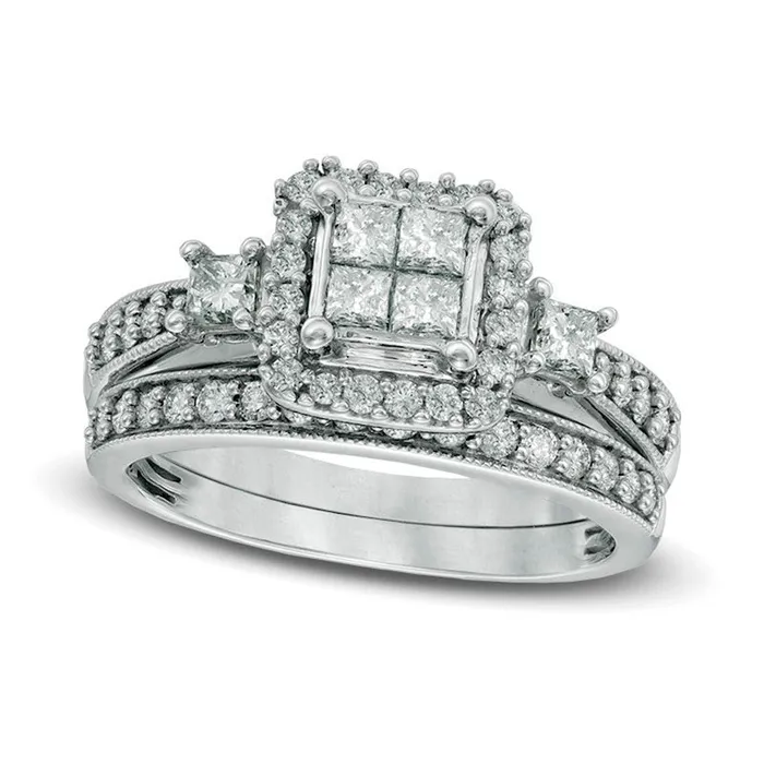 Rings Goldia Previously Owned 10 CT TW Quad PrincessCut Natural Diamond Bridal Engagement Ring Set in Solid 10K White Gold Rings Goldia Previously Owned 10 CT TW Quad PrincessCut Natural Diamond Bridal Engagement Ring Set in Solid 10K White Gold