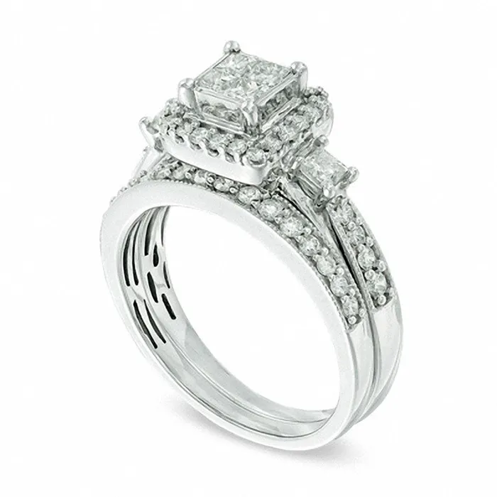 Rings Goldia Previously Owned 10 CT TW Quad PrincessCut Natural Diamond Bridal Engagement Ring Set in Solid 10K White Gold Rings Goldia Previously Owned 10 CT TW Quad PrincessCut Natural Diamond Bridal Engagement Ring Set in Solid 10K White Gold