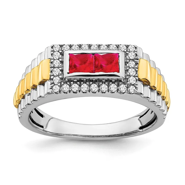 Rings Goldia Solid 14k Twotone Simulated Ruby and CZ Mens Ring