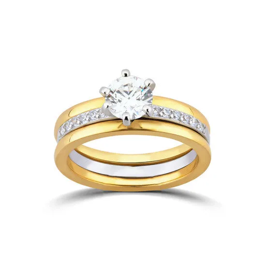 Rings JMS always Original DiamondMuse 175 cttw Yellow Gold Plated Over Sterling Silver Round Swarovski Diamond Solitaire Trio Bridal Set