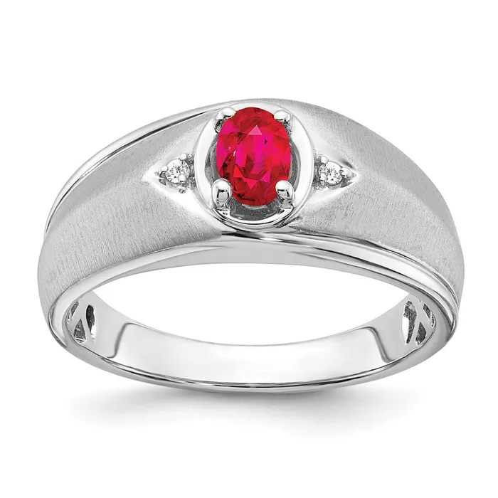 Rings Solid 14k White Gold Oval Simulated Ruby and CZ Mens Ring Goldia