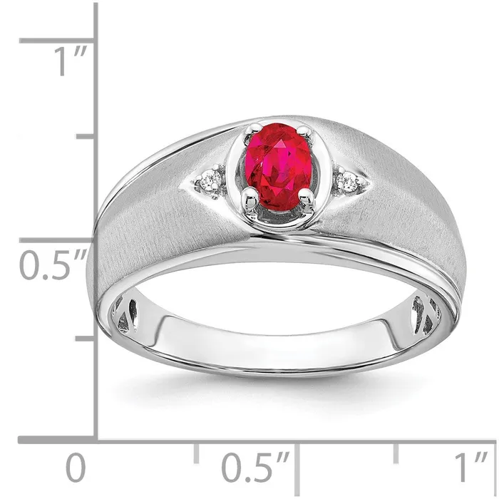 Rings Solid 14k White Gold Oval Simulated Ruby and CZ Mens Ring Goldia