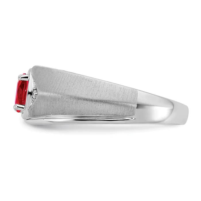 Rings Solid 14k White Gold Oval Simulated Ruby and CZ Mens Ring Goldia