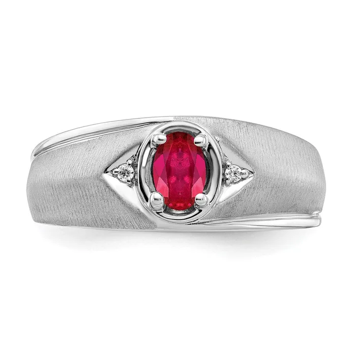 Rings Solid 14k White Gold Oval Simulated Ruby and CZ Mens Ring Goldia