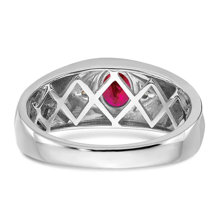 Rings Solid 14k White Gold Oval Simulated Ruby and CZ Mens Ring Goldia