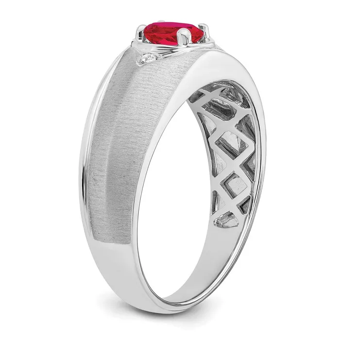 Rings Solid 14k White Gold Oval Simulated Ruby and CZ Mens Ring Goldia